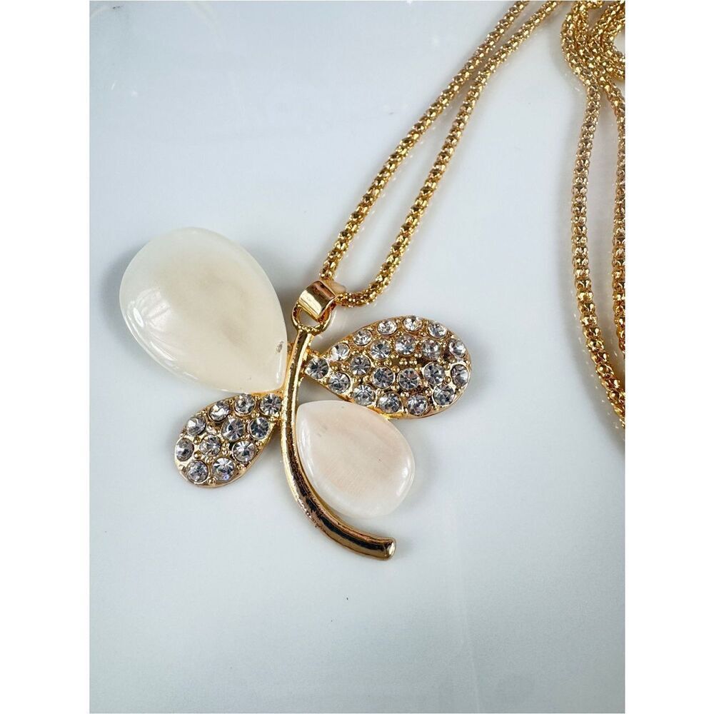 Mother Of Pearl Butterfly Crystal Four-Petal Pendant Necklace
